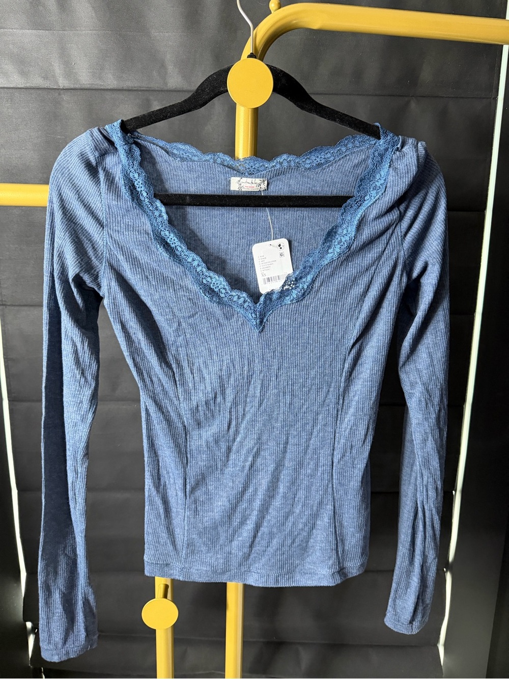 Free People Dusty Blue Ribbed Lace-Trim V-Neck Long Sleeve Top